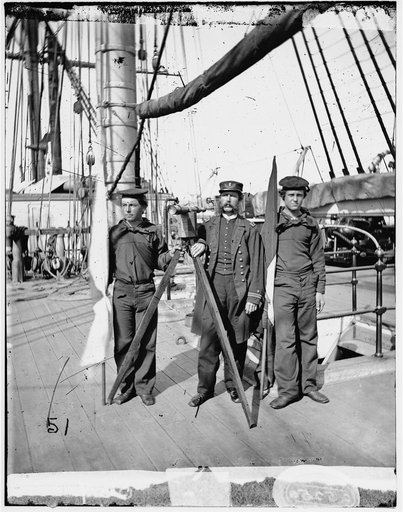 Unknown location. Signalmen of Rear Admiral John A. Dahlgren's flagship receiving a message from the Georgia shore