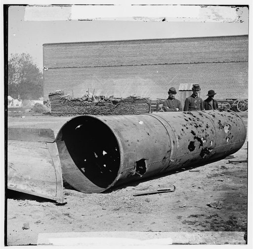 Rocketts, Richmond, VA. Battered smokestack from C.S.S. ironclad ram Virginia No. 2