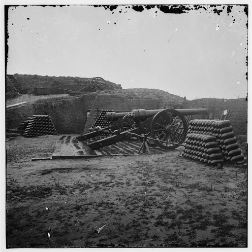 Morris Island, S.C. Two 100-pdr. Parrott guns and stacks of shells inside Fort Putnam