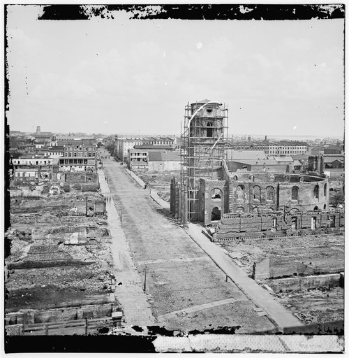 Charleston, S.C. View from roof of the Mills House, looking up Meeting Street; ruins of the Circular Church in center