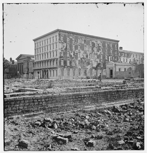 Charleston, S.C. The fire-scarred Mills House; Hibernian Hall at left