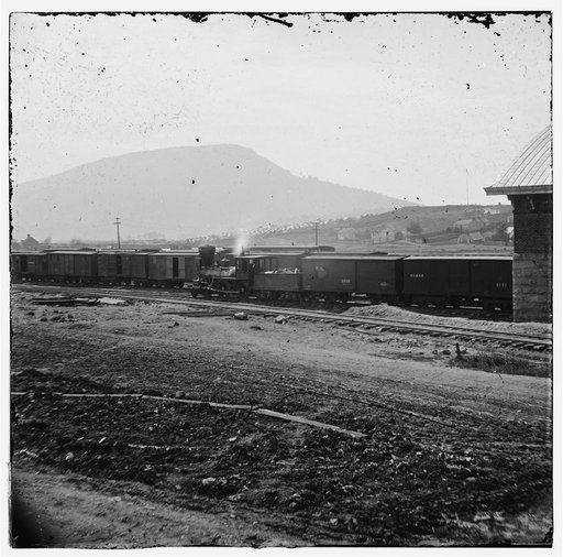 Chattanooga, Tenn. U.S. military train at depot; Lookout Mountain in background