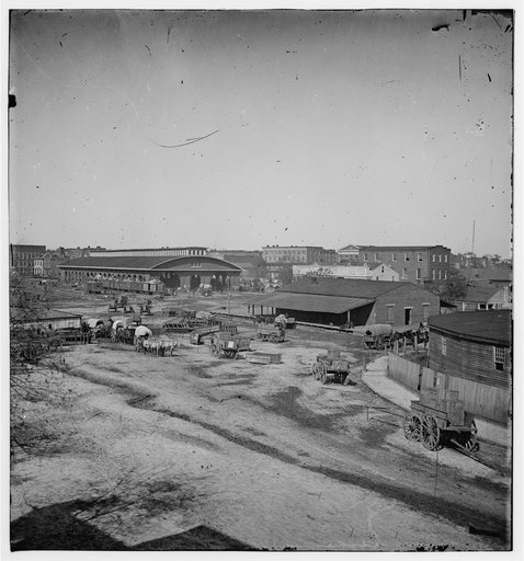 Atlanta, Ga. Railroad depot and yard; Trout House and Masonic Hall in background