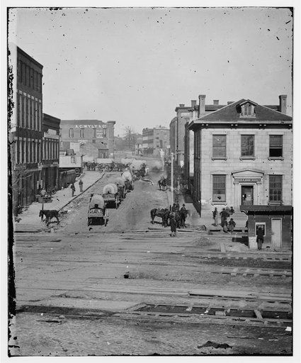 Atlanta, Ga. Northward view across the tracks on Whitehall Street, with wagon train