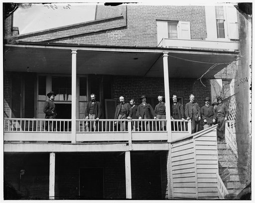 Washington, D.C. Officers and clerks on a porch at Signal Corps headquarters