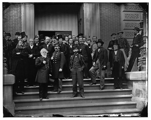 Washington, D.C. Brig. Gen. Charles Thomas, Assistant Quartermaster General, with Benjamin C. Card and George D. Wise, Division Chiefs, and other staff on steps of Quartermaster General's office, Corcoran's Building, 17th St. and Pennsylvania Ave., NW