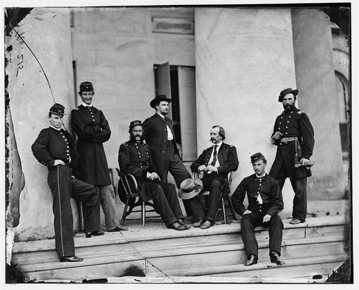 Arlington, Va. Brig. Gen. Gustavus A. DeRussey (third from left) and staff on portico of Arlington House