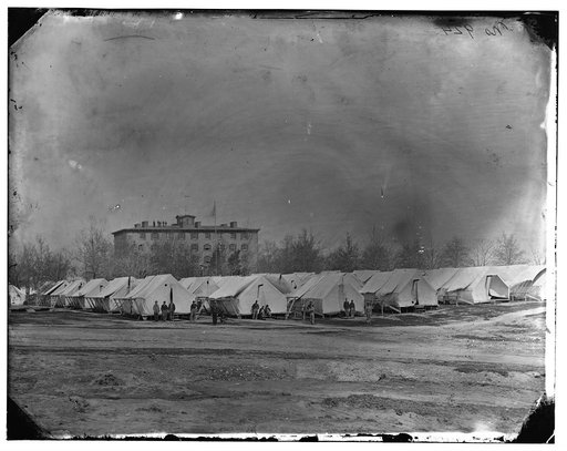 Washington, D.C. Hospital tents at Camp Carver, with Columbian College building