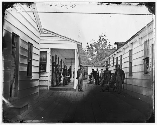 Washington, D.C. Convalescent soldiers and others outside quarters of the Sanitary Commission Home Lodge