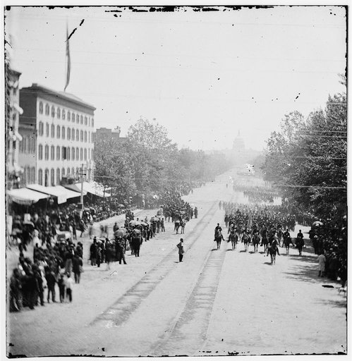 Washington, D.C. Maj. Gen. Horatio G. Wright, staff and units of 9th Army Corps passing on Pennsylvania Avenue near the Treasury