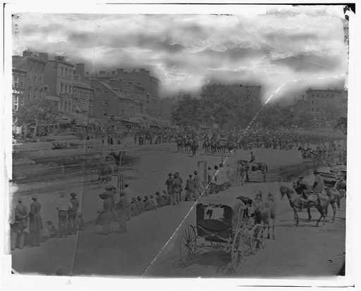 Washington, D.C. View of Pennsylvania Avenue from 9th Street, with mounted officers, band, and infantrymen with fixed bayonets at a halt