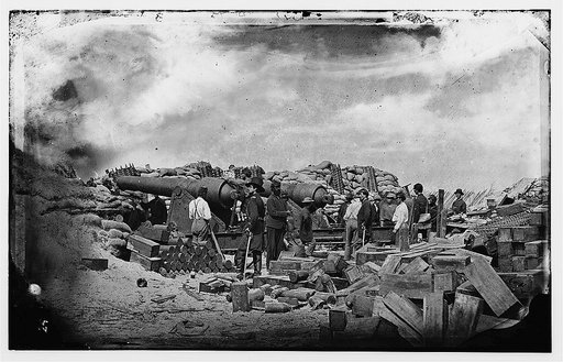 Morris Island, South Carolina. Battery Rosecrans. Three 100-pounder Parrot Rifles. Breaching battery against Fort Sumter