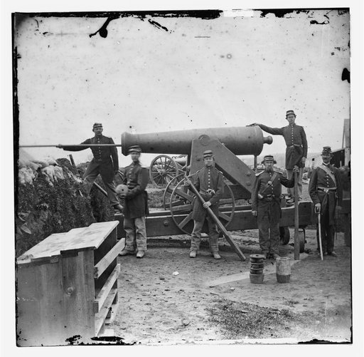 Arlington, Virginia. Soldiers of 4th New York heavy Artillery loading 24-pdr. siege gun on wooden barbette (Ingalls Battery? Fort Corcoran)