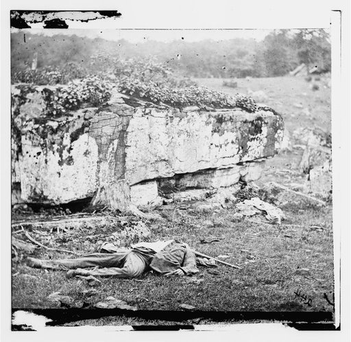 Gettysburg, Pennsylvania. Dead sharpshooter on the right of Confederate line