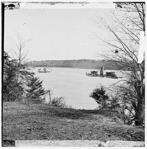 Deep Bottom, Virginia. View on James River with double turreted monitor ONODAGA in the foreground