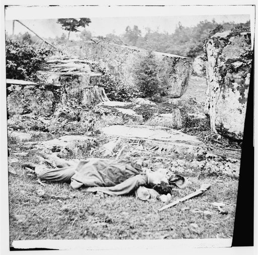 Gettysburg, Pennsylvania. Dead Confederate sharpshooter