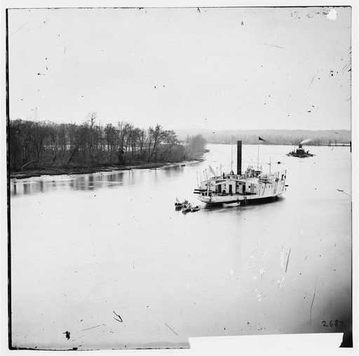 James River, Virginia. Gunboat COMMODORE PERRY and monitor on James River