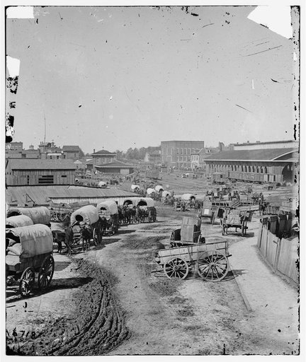 Atlanta, Georgia. Federal army wagons railroad depot