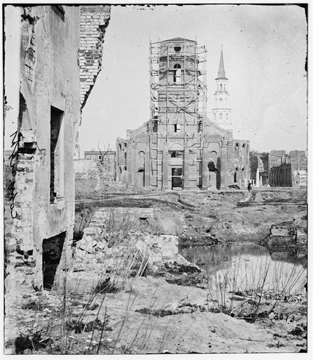 Charleston, South Carolina. Ruins of Circular church, St. Philips Church in the distance