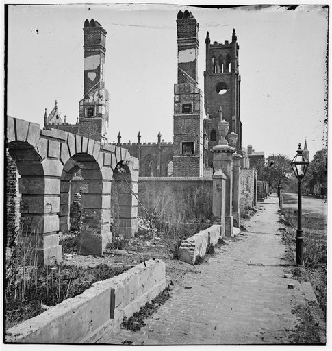 Charleston, South Carolina. Broad street, looking east with the ruins of Cathedral of St. John and St. Finbar