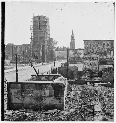 Charleston, South Carolina. View on Meeting Street, looking south, showing St. Michael's Church, the Mills house, ruins of the Circular Church and theatre ruins in the foreground