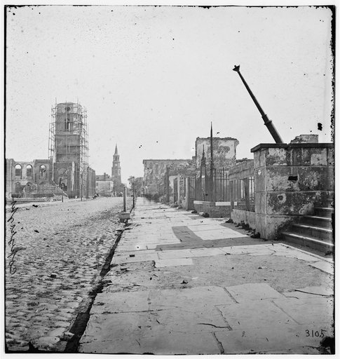 Charleston, South Carolina. Meeting Street, looking south, showing St. Michael's Church, the Mills house, ruins of the Circular Church