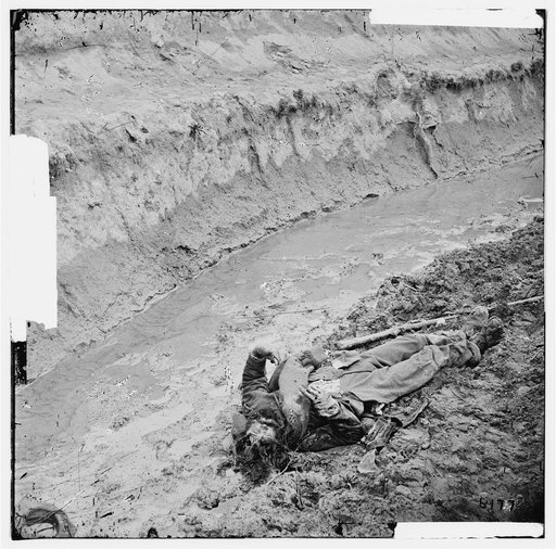 Petersburg, Virginia. Dead Confederate soldier in the trenches of Fort Mahone