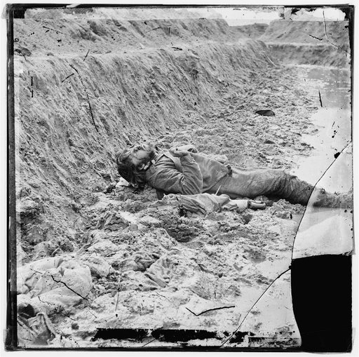 Petersburg, Virginia. Dead Confederate soldier in trenches of Fort Mahone