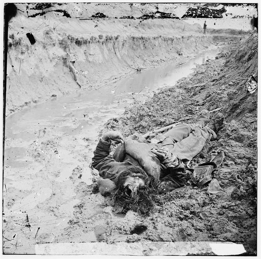Petersburg, Virginia. Dead Confederate soldier in trenches of Fort Mahone