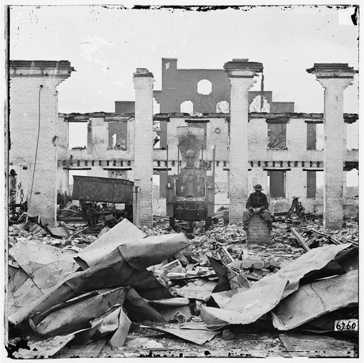 Richmond, Virginia. Ruins of Richmond & Petersburg Railroad depot. (Destroyed locomotive shown)