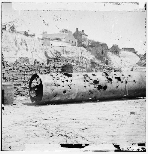Richmond, Virginia. Smoke stack of C.S. Ram VIRGINIA No. 2. Holes made by Federal batteries