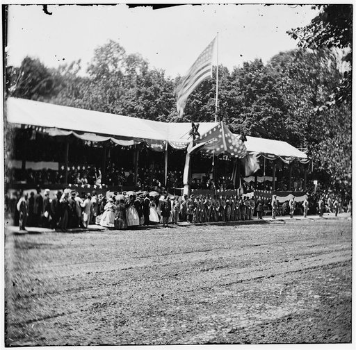 Washington, District of Columbia. The grand review of the Army. Presidential reviewing stand with guests and guard