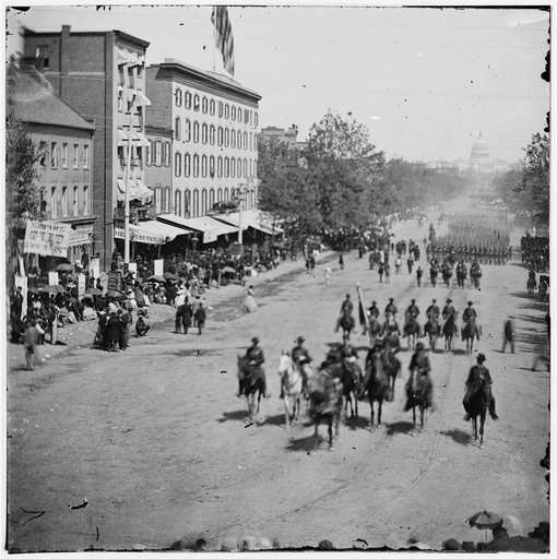 Washington, District of Columbia. The grand review of the Army. Gen. Andrew A. Humphreys, staff and units of 2nd Corps passing on Pennsylvania Avenue