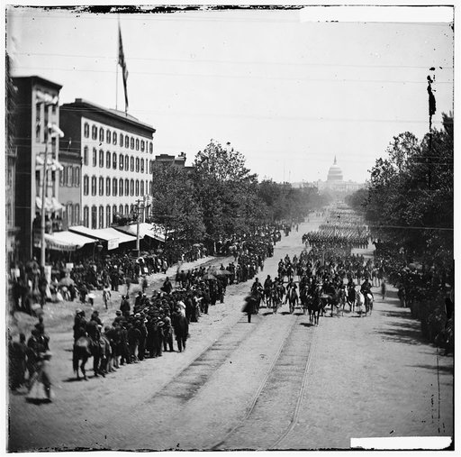 Washington, District of Columbia. The Grand Review of the Army. Gen. Horatio G. Wright, staff and 6th Corps passing on Pennsylvania Avenue near the Treasury