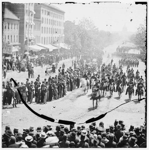 Washington, District of Columbia. The Grand Review of the Army. Gen. Francis P. Blair, staff and infantry of 17th Corps passing on Pennsylvania Avenue near the Treasury. (Army of Tenn.)