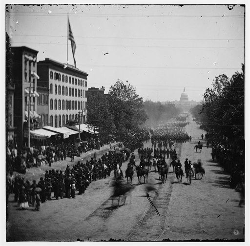 Washington, District of Columbia. The Grand Review of the Army. Gen. Jefferson C. Davis, staff and 19th Army Corps passing on Pennsylvania Avenue near the Treasury