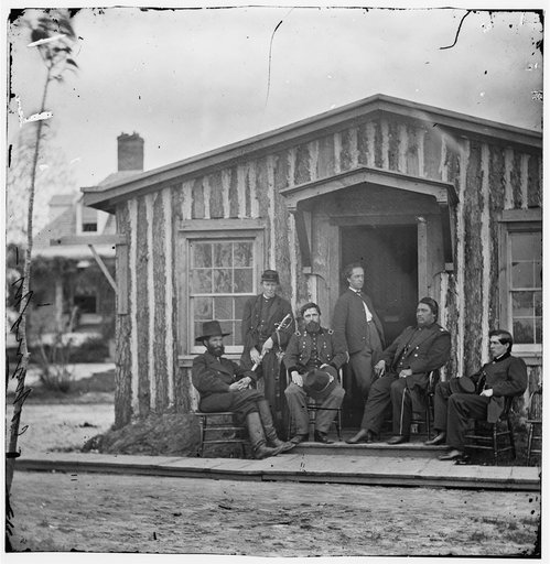 City Point, Virginia. Lt. Col. Ely S. Parker (Gen. Grant's military secretary), Gen. John A. Rawlins, Chief of Staff and others at Grant's headquarters