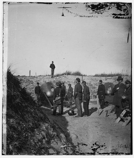 Charleston, South Carolina (vicinity). Federal mortar battery with crew on Morris Island