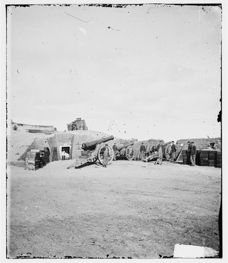 Charleston, South Carolina (vicinity). Interior of Fort Putnam on Morris Island showing guns which fired over 1200 shots into Sumter