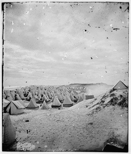 View of tents located inside of a fort, possibly on Morris Island, South Carolina