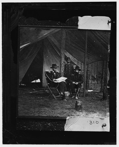 General Grant, Lt. Col. Bowers, and General Rawlins at Grant's headquarters, Cold Harbor