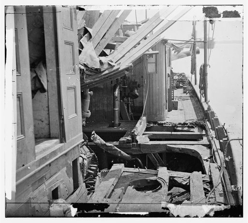 James River, Virginia. View of damaged deck of Confederate gunboat TEASER, captured on July 4, 1862 by U.S.S. MARATANZA