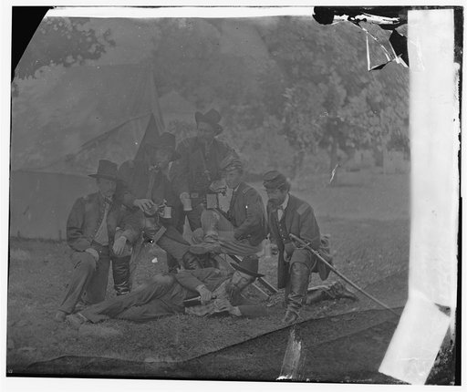 Westover Landing, Virginia. Officers of 3rd and 4th Pennsylvania Cavalry illustrating the hardships of war