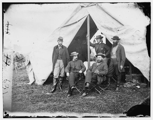 Antietam, Maryland. Seated: R. William Moore and Allan Pinkerton. Standing: George H. Bangs, John C. Babcock, and Augustus K. Littlefield