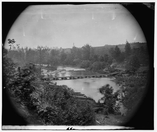 Jericho Mills, Virginia. Canvas pontoon bridge across the North Anna, constructed by the 50th New York Engineers, where the 5th Corps under Gen. Warren crossed. View looking down stream from north bank