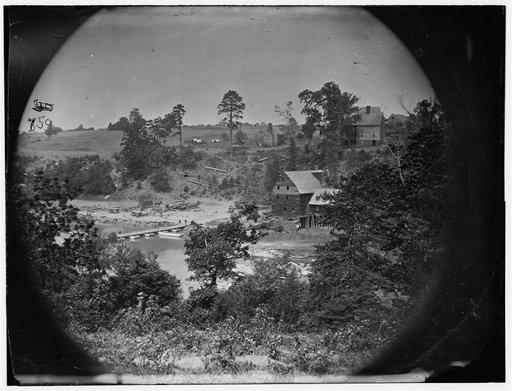 Jericho Mills, Virginia. Looking up North Anna river from south bank, canvas pontoon bridge and pontoon train on opposite bank, May 24, 1864