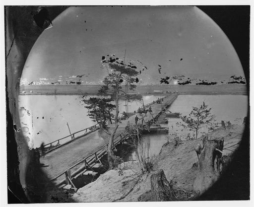 Varina (?) Landing, Virginia. Pontoon bridge across the James river. (Cavalry guarding bridge)