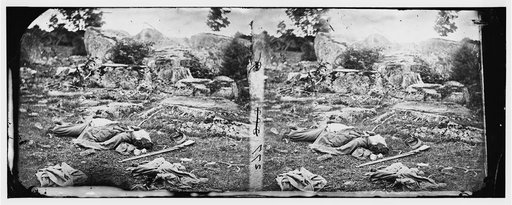 Gettysburg, Pennsylvania. Dead Confederate sharpshooter in "Devil's Den"
