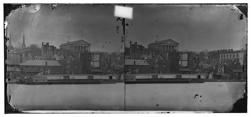 Richmond, Virginia. View burnt district and Capitol building from canal basin