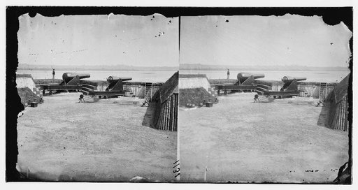 Alexandria, Virginia (vicinity). Battery Rodgers, erected in 1863, overlooking the Potomac river near Jones' Point. 15-inch Rodman gun (left). 200 pd. Parrott rifle and gun (right)